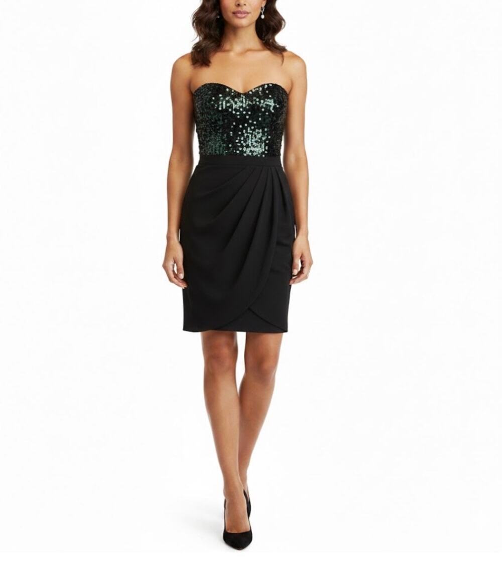 Badgley Mischka Black and Green Cocktail Dress Strapless Sequined Sheath Size 2
